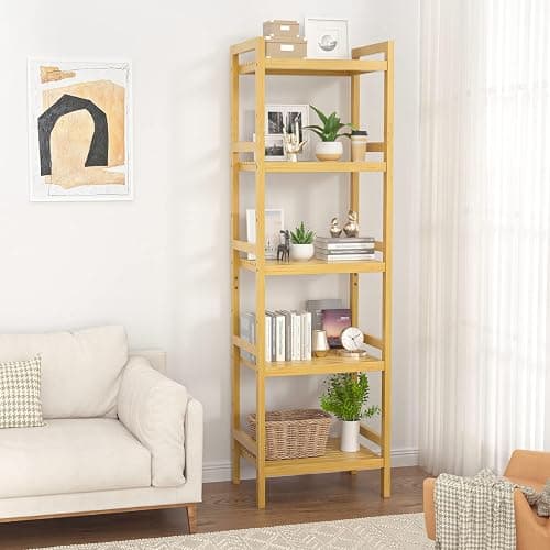 Homykic Bamboo Bookshelf, 5-Tier Narrow 55.9” Adjustable Book Shelf Bookcase Bathroom Shelves Freestanding Storage Stand for Living Room, Bedroom, Kitchen, Rust Resistance, Easy Assembly, Natural thumbnail 2