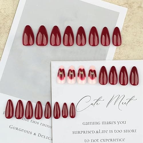 Ruzister 24 Burgunderfarbene Blumen Mit Diamantrüstung,Press On Nails,Kunstnägel Zum Aufkleben,Nagel Tips Set thumbnail 2