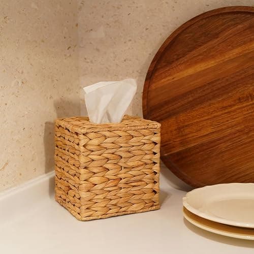 PINXIURY Water Hyacinth Handwoven Tissue Box Cover, Natural Handmade Wicker Napkin Box Holder, Handcrafted Square Facial Tissue, Rustic Decorative on Table and Bathroom, Office, Boho Decorative thumbnail 5