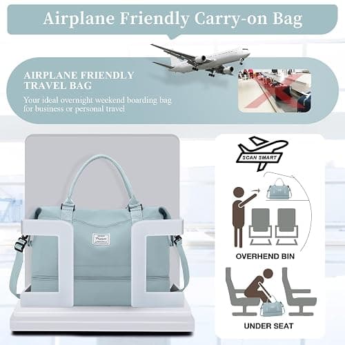 Weekender Bags for Women,Personal Item Travel Bag with Shoes Compartment,Overnight Travel Duffel Bag with Toiletry Bag - Large - Light Blue thumbnail 8