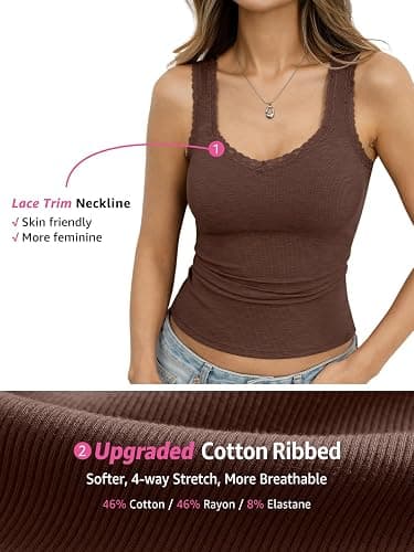 EasyGala Womens Lace Trim Ribbed Tank Tops V Neck Fitted Sleeveless Tops | Cotton, Knit, Stretchy, Soft, Camisole, Low Cut, 2026, Summer, Cute, Trendy, Casual, Y2K, Going Out, Daily Outfits, Vacation thumbnail 4