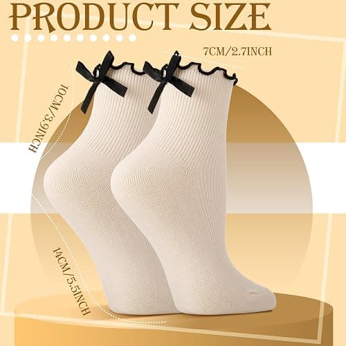 ZhouBoat 6 Pairs Womens Bow Socks Ruffle Casual Crew Socks Cute Black White Soft Breathable Cotton Frilly Ankle Socks thumbnail 5