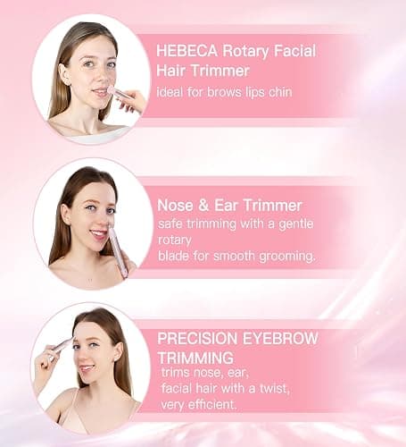 HEBECA Nose Hair Trimmer for Women 3in1 Facial Hair Removal Trimmer - Metal Body, Rechargeable, Waterproof, Portable - Nose, Ear, Eyebrow, Peach-Fuzz, Lips, Chin (Pink) thumbnail 2