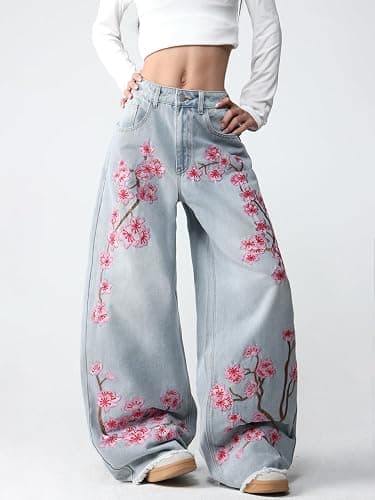 OYICAI Floral Embroider Baggy Jeans for Women Wide Leg Y2k Denim Pants | Hip Hop,Loose Fit,Long Trousers,Vintage 2000s Streetwear,Straight Leg,5 Pockets thumbnail 2