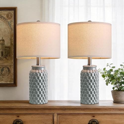 USumkky 20.5" Ceramic Table Lamps Set of 2, Modern Farmhouse Boho Bedside Lamps for Bedroom, Nightstand Lamps for Living Room End Tables, Small Desk Lamps, Grey - Image 1