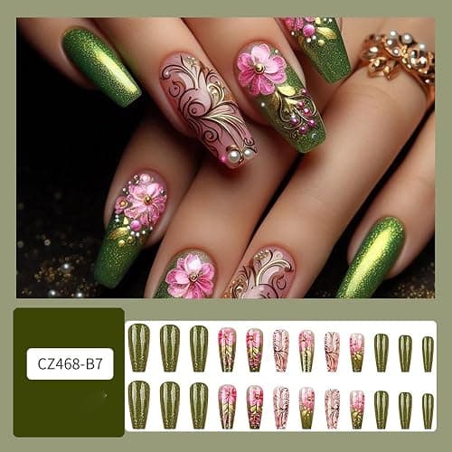 TBRZTR Flower Press on Nails Long Length Full Cover Glossy Green Stick on Nail Floral Pearl Design Ballet Shaped Gradient False Nails Reusable Artifical Acrylic Press Ons Glue on Nail for Women 24Pcs thumbnail 2