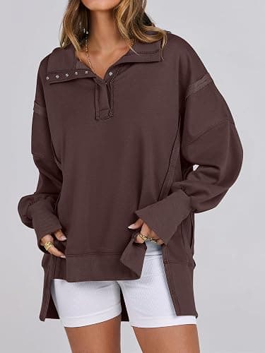 ANRABESS Women's Sweatshirts Oversized Casual Loose Button Up Henley Pullover Top High Low Split 2025 Fall Fashion Outfits thumbnail 3