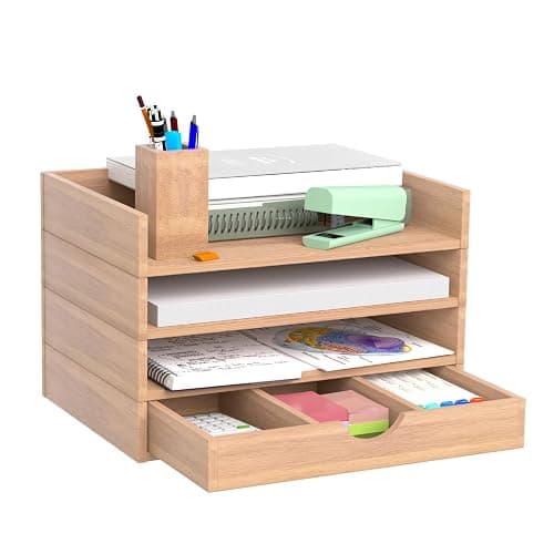 HeyiQiL Paper letter tray, Stackable 4-Tier Wood Desk File Document Organizer with Drawer and Pen Holder For Home Office Classroom - Image 1