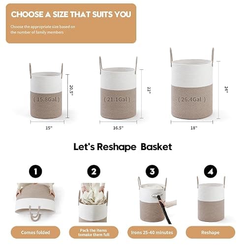Laundry Basket Hamper Tall Rope Storage Woven for Blanket Toys Dirty Clothes in Living Room Bathroom Bedroom White & Brown 60L/15.8Gal thumbnail 2