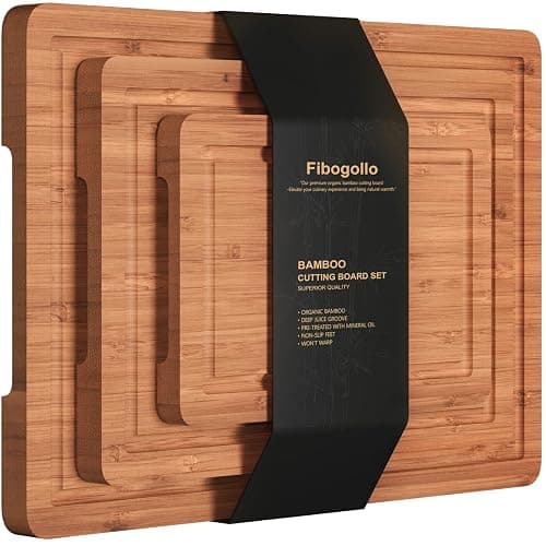 Fibogollo Bamboo Cutting Boards Serving Board Set, Bamboo Chopping Boards with Juice Groove for Kitchen Meal Prep and Serving (set of 3) - Image 1