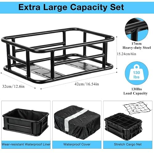 Bike Basket Rear - Large Capacity Heavy Duty Bicycle Basket with Liner,Cargo Net,Waterproof Cover - Ebike Accessories for Adult Bikes,Electric Bike,Carrying Grocery,Ball,Dog thumbnail 3