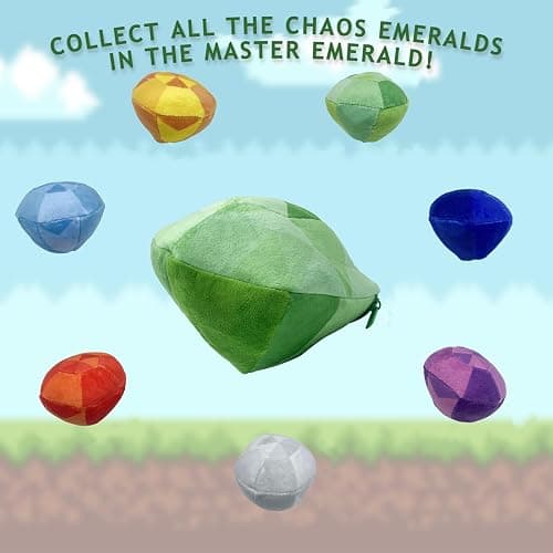 JDS Toy Store 9’’ Master Emerald Stuffed Toy Set with 7 Chaos Emerald, 2.5” Gems Inside; Gifts for Gamers - [Green, Red, Blue, Yellow, Purple, Cyan, and Gray] thumbnail 3