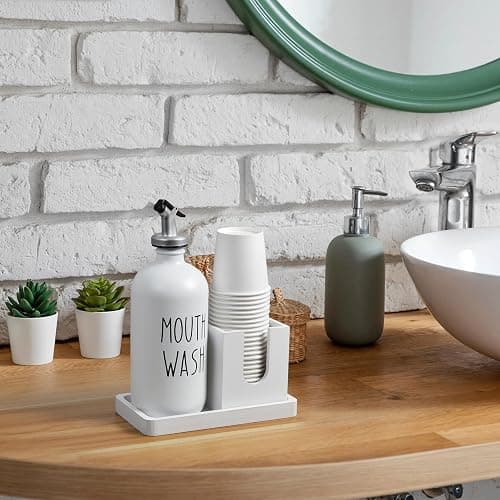 Glass Mouthwash Dispenser for Bathroom, 16 OZ Mouthwash Dispenser with Pour Spout and Wood Cup Holder and Tray, Mouth Wash Bottle Container, Farmhouse Kitchen Bathroom Decor and Accessories, White - White thumbnail 7