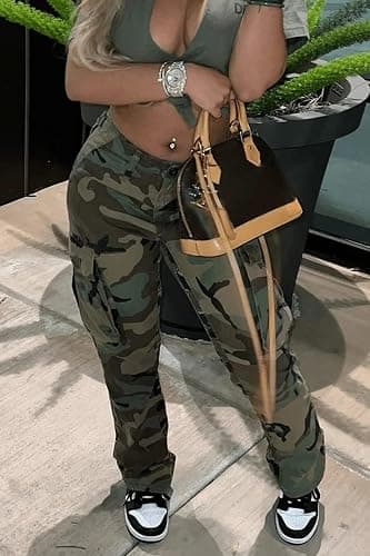 Vakkest Women's Oversized Camo Cargo Pants Jogger Trousers Workout Sweatpants Camouflage Army Fatigue with Pockets thumbnail 2