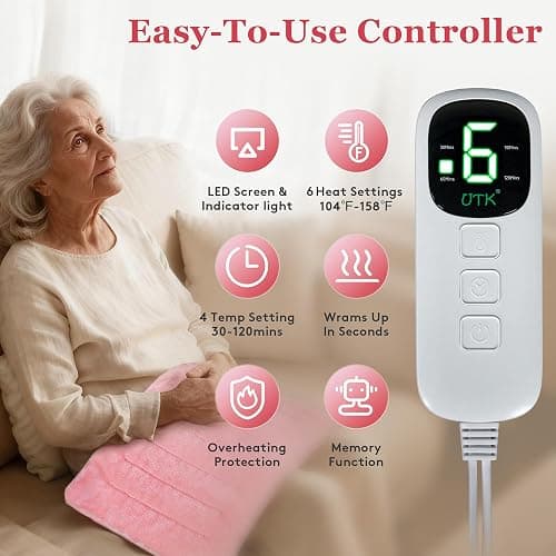 UTK XL Heating Pad for Back, Electric Heat Pad for Period Cramps Pain Relief, Soft Thicken Flannel Fabric Machine Washable, Christmas Gifts for Women Mom, 6 Heat Settings & Auto-Off, 12" x 24"(Pink) thumbnail 5