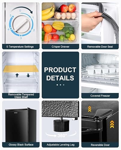 Upstreman 3.2 Cu.Ft Mini Fridge with Freezer, Single Door Mini Fridge, Dorm Fridge, Adjustable Thermostat, Mini Refrigerator for Bedroom, Office, Dorm, Black-BR321 thumbnail 5