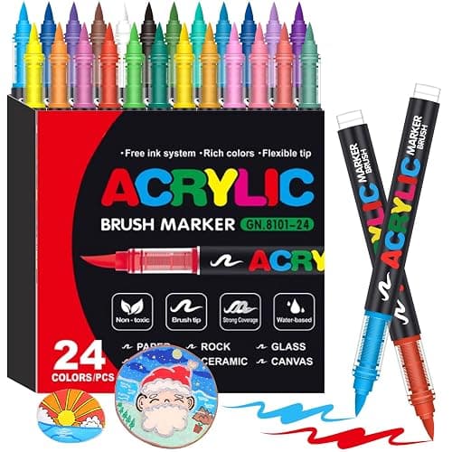 Laconile 24 Couleurs Feutre Acrylique, stylos acryliques à pointe pinceau pour le coloriage adulte ，Acrylic Paint Markers pour Coloriage, Calligraphie, Bois, Toile, Verre, Céramique (24) - Image 1