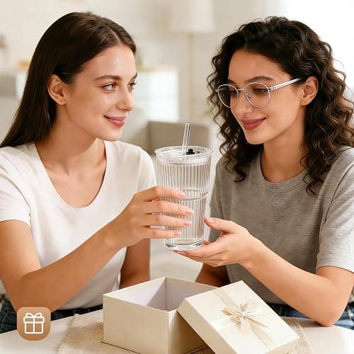 GOSCHE 20oz Glass Tumblers with Straws and Lids, Ribbed Iced Coffee Cups Leak-proof, Dishwasher Safe, Thickened Glass Cups with Lids Ideal for Coffee and Travel, Clear, 4 Pack thumbnail 9