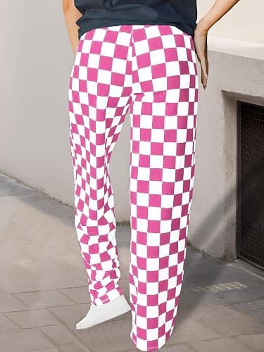WSPLYSPJY Women's Casual Checkered Pants Elastic Waist Comfy Loose Wide Leg Pants with Pockets,XS - XXL thumbnail 4