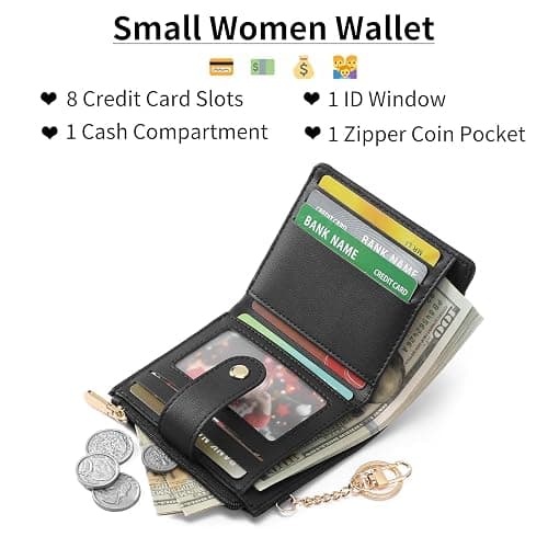 GAEKEAO Small Wallet for Women Slim Bifold Leather Card Holder Wallets Zipper Pocket Change Purse with ID Window Keychain thumbnail 3