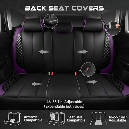 CAR PASS Nappa Leather Car Seat Covers Full Set Waterproof Protector Durable Cushioned,Universal Fit for Sedan SUV Pick-up Truck,Automotive, Anti-Slip and Backseat Luxury Premium(Black and Purple) thumbnail 4