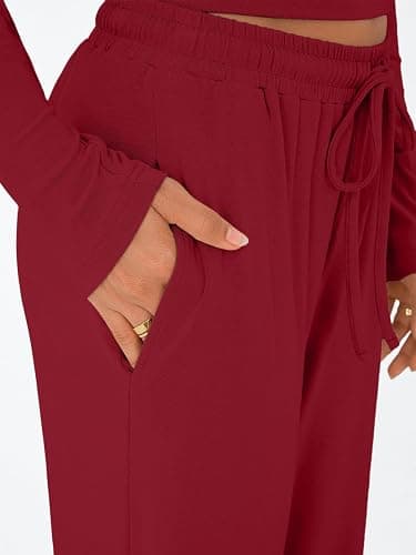 Trendy Queen Women's 2 Piece Matching Lounge Set Long Sleeve Side Ruching Top Wide Leg Drawstring Pants Set with Pockets thumbnail 5