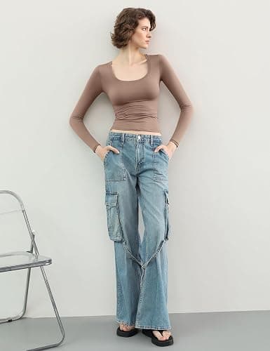 PUMIEY Women's Long Sleeve T Shirts Scoop Neck Slim Fit Going Out Tops Double Lined Basic Tee Smoke Cloud Collection thumbnail 3