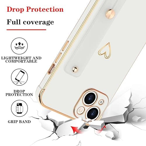 LLZ.COQUE for iPhone 15 Case with Strap Stand, White | Bling Luxury Cover, Cute Heart Design for Women Girls, Adjustable Hand Strap Stand, Shockproof Bumper Protection Phone Case thumbnail 5