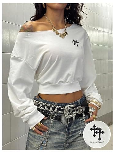 SweatyRocks Women's Y2k Cross Graphic Crop Sweatshirts Punk Long Sleeve Off The Shoulder Pullover Tops thumbnail 4