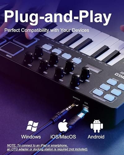 KOKKO 25 Key MIDI Controller Keyboard, USB Powered Mini MIDI Keyboard with 8 Backlit Pads 8 Assignable Knobs, Built-in Arpeggiator for Music Production, Compatible with Cubase/FL Studio/Logic thumbnail 2