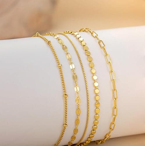 Dainty Simple Gold Bracelets for Women, Stackable Satellite Paperclip Lip Bracelet Set Tiny Lip Dot Chain Box Link for Handmade Gift Minimalist Cute Trendy Jewelry Gold Accessories for Women thumbnail 8