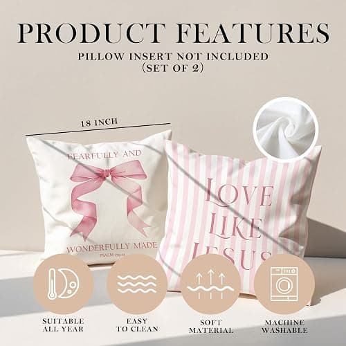 GTYNU Coquette Pink Bow Christian Throw Pillow Covers 18x18 Set of 2,Pink Bow Christian Room Bedroom Dorm Decor Aesthetic for College Teen Girls Gifts, Inspirational Bible Verses Bow Pillowcase（03） thumbnail 6