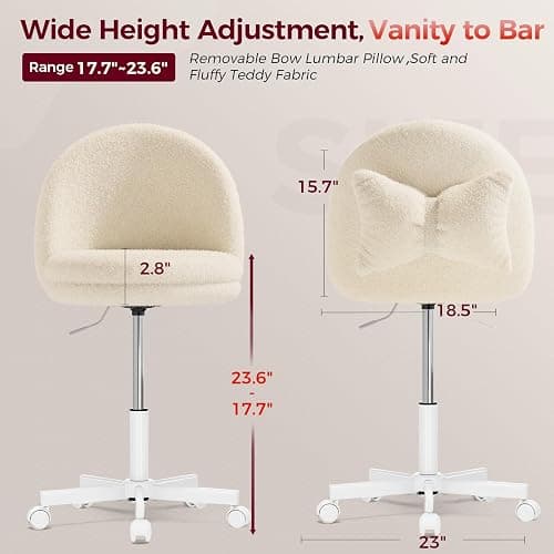 GTPLAYER Velvet Tall Office Chair with Wheels Vanity Chairs with Back, Versatile Height Use: Office to Bar Stools Small Ergonomic Comfy Armlees Computer Desk Chair with Bow Lumbar Pillow for Gift thumbnail 2