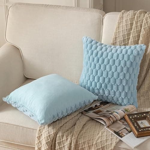 MANDIOO Pack of 2 Light Blue Super Soft Plush Fluffy Decorative Throw Pillow Covers 18x18 inch Faux Fur Wool Velvet Cushion Covers Pillow Cases Couch Sofa Bed Living Room thumbnail 3