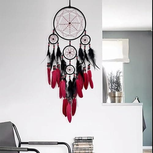 SOYUZU Red and Black Dream Catcher Large Dream Catchers Wall Decor Handmade Feather Dreamcatcher Wall Hanging Ornament for Bedroom Living Room Home Decor thumbnail 4