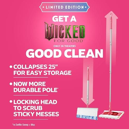 Swiffer Sweep and Mop Deluxe, Limited Edition Pink Wicked: for Good, 2-in-1 Floor Mopping and Sweeping Kit, 1 Sweeper Device, 5 Heavy Duty Dry Sweeping Cloths, 3 Heavy Duty Wet Mopping Cloths thumbnail 2