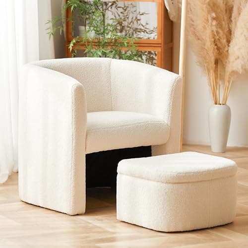 COLAMY Upholstered Sherpa Barrel Accent Chair with Storage Ottoman, Morden Living Room Side Chair, Single Sofa Armchair with Lounge Seat for Bedroom/Office/Reading Spaces, Cream - Image 1