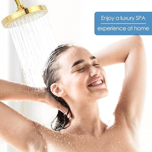 AISINYI High Pressure Rainfall Shower Head, 6 Inches Showerhead with Perfect Adjustable Replacement, Removable Restrictor, Easy Installation for Your Bathroom Shower Heads (Deluxe Gold + Shower Arm) thumbnail 3