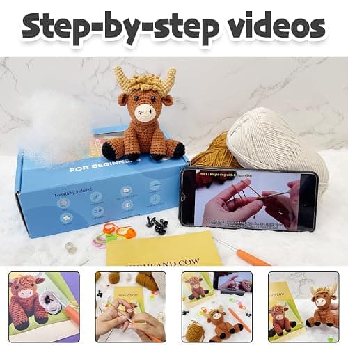 Highland Cow Crochet Kit for Beginners Intermediates - 2 Pcs Animals Craft Crochet Starter Kit with Step-by-Step Video Tutorial, Easy Knitting Set for Adults Kids, Women Learn to Crocheting Gift Idea thumbnail 4