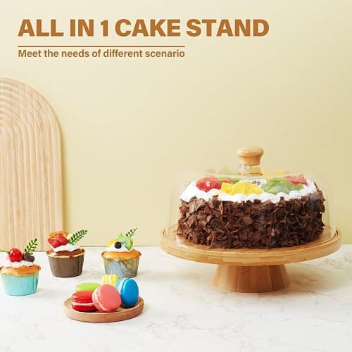 Timboops Home Bamboo Cake Stand with Lid, 6-in-1 Multifunctional Cake Plate, Cake Holder, Serving Tray, Fruit Platter, Salad Bowl, Dessert Table Display & Acrylic Cake Dome Cover thumbnail 6