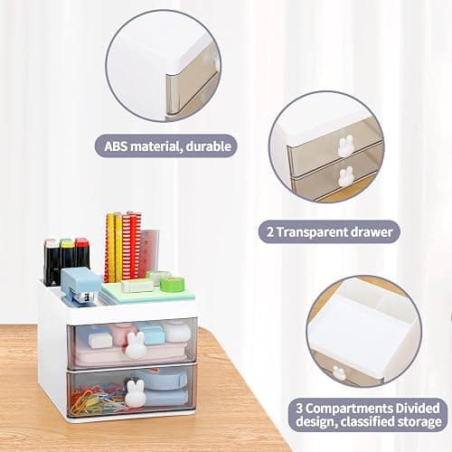 LETURE Small Desk Organizer With Drawer, Office Desktop Storage Box, Business Card/Pen/Pencil/Mobile Phone/Stationery Holder Storage Box, Makeup Organizer for Office School Home (Pink) thumbnail 7