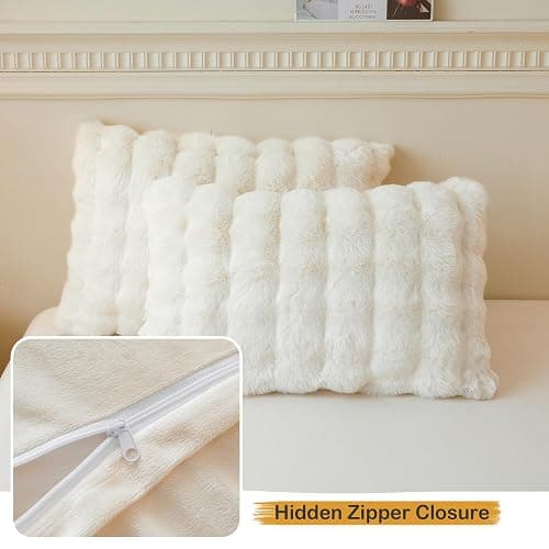 LIFEREVO 2 Pack Fluffy Faux Rabbit Fur Pillow Cases, Luxury Soft Plush Shaggy Bubble Pillowcases Standard Size with Zipper Closure, Furry Fuzzy Ivory Long Pillow Shams Bedroom Living Room 20x26, Beige thumbnail 6