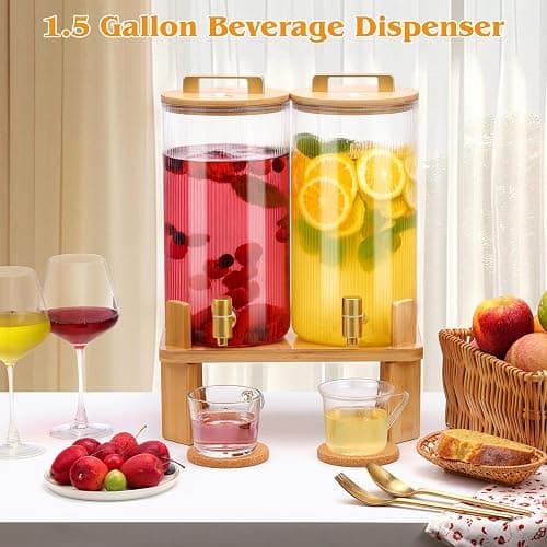 1.5 Gallon Glass Drink Dispensers for Parties, 2 PCS Beverage Dispenser With Wood Stand,Vertical Stripes Glass Lemonade Dispenser with Airtight Valve and Stainless Steel Spigot for Lemonade,Juice, Tea thumbnail 2
