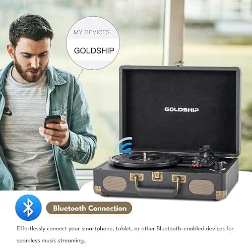 Vinyl Record Player 3-Speed Bluetooth Portable Turntable with USB Playback, Rechargeable Battery, Retro Suitcase Design, Aux in/RCA Line Out & Headphone Jack thumbnail 4