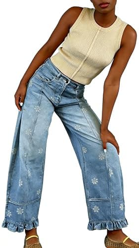 utcoco Barrel Jeans Women 2026 Floral Print Wide Leg Jeans Y2k Patchwork Baggy Boyfriend Denim Pants thumbnail 4