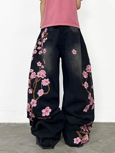 DFGIGT Men's Hip Hop Baggy Jeans Embroidered Wide Leg Skater Jeans Loose Fit Denim Pants Streetwear thumbnail 5