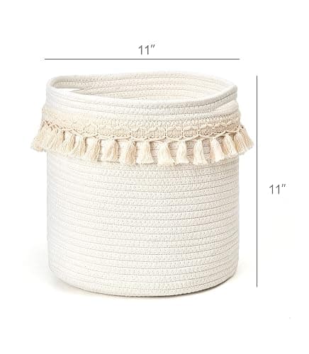 Mkono Macrame Decorative Cotton Rope Basket Boho Nursery Decor Small Cute Woven Tassel Closet Storage Bins Organizer for Baby Toys,Magazines, Potted Plants Cover,Living Room,Bedroom, 11"x11" thumbnail 3
