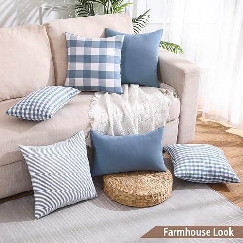 CARRIE HOME Light Blue Farmhouse Buffalo Plaid Pillow Covers 18x18 Set of 2 Patio Outdoor Decor Neutral Checkered Pillow Covers 18 x 18, Blue and White Gingham thumbnail 3