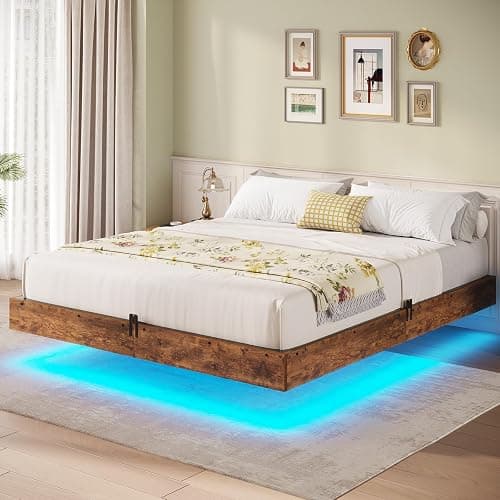 BTHFST Floating Bed Frame Queen Size with LED Lights, Industrial Wooden Metal Queen Platform Bed, Solid and Stable, Noise Free, No Box Spring Needed, Easy Assembly - Image 1