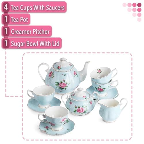 BTaT- Floral Tea Sets for Adults, 13 pcs, Service for 4, Pot (38 oz) & Cups (8 oz) with Saucers, Pastel Blue Floral Design, Porcelain Tea Set for Adult, Dishwasher Safe, Mothers Day Gift thumbnail 3